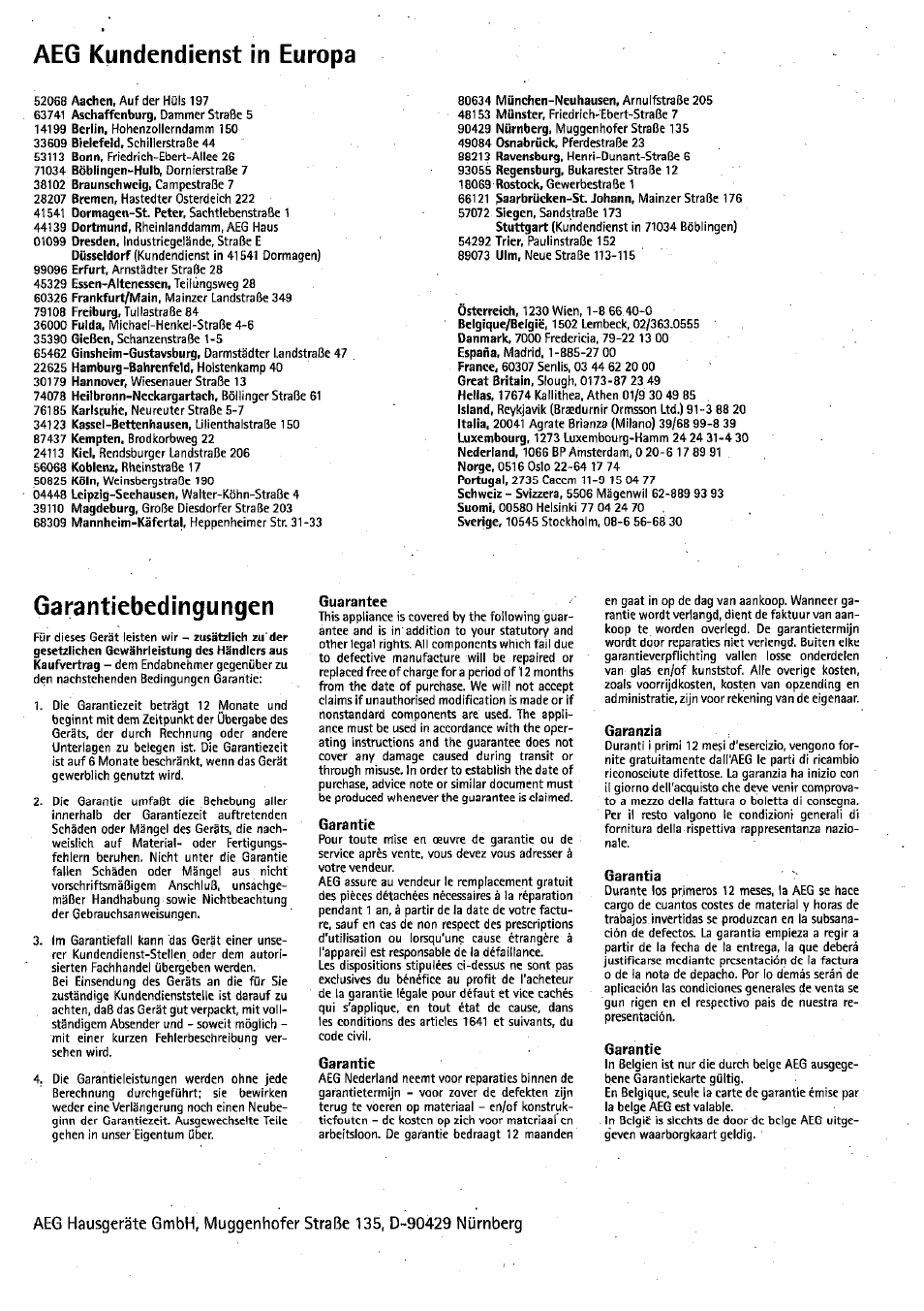 Aeg kundendienst in europa, Garantiebedingungen | AEG VAMPYRETTE 330 User Manual | Page 10 / 10