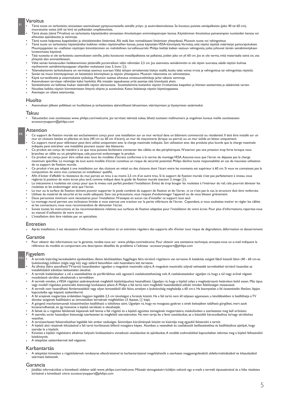 Varoitus, Huolto, Takuu | Attention, Entretien, Garantie, Figyelem, Karbantartás, Garancia | Philips Sist. montaje en pared para LCD User Manual | Page 5 / 20