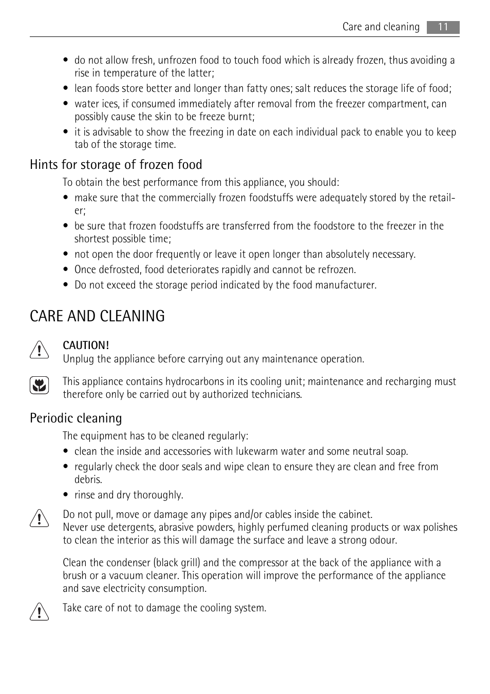 Care and cleaning, Hints for storage of frozen food, Periodic cleaning | AEG A62000GNW0 User Manual | Page 11 / 20