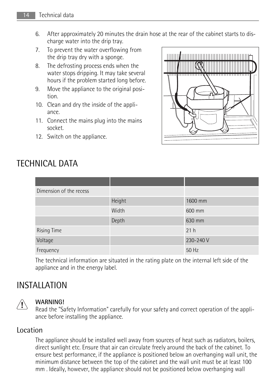 Technical data, Installation, Location | AEG A62000GNW0 User Manual | Page 14 / 20