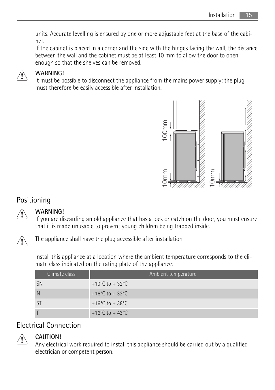 Positioning, Electrical connection | AEG A62000GNW0 User Manual | Page 15 / 20