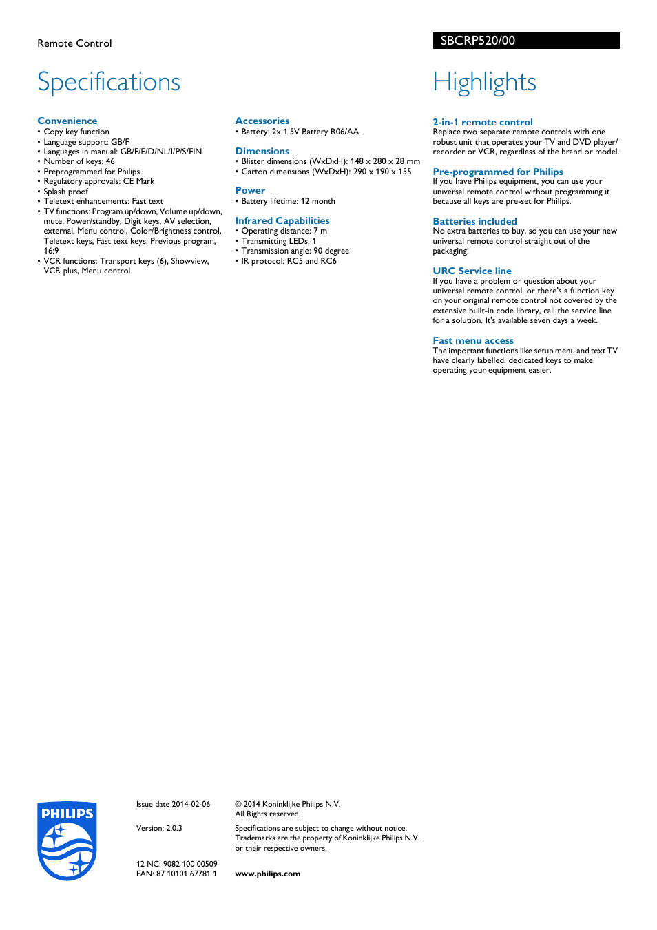 Specifications, Highlights | Philips Mando a distancia User Manual | Page 2 / 2