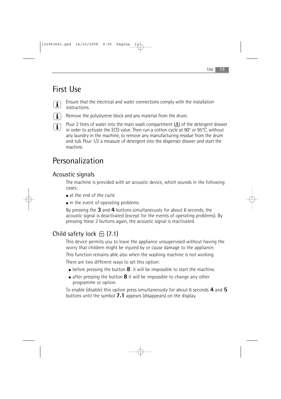 First use, Personalization, Acoustic signals | Child safety lock (7.1) | AEG LAVAMAT 76650 User Manual | Page 13 / 48