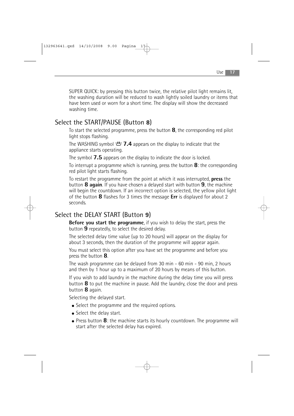 Select the start/pause (button, Select the delay start (button | AEG LAVAMAT 76650 User Manual | Page 17 / 48