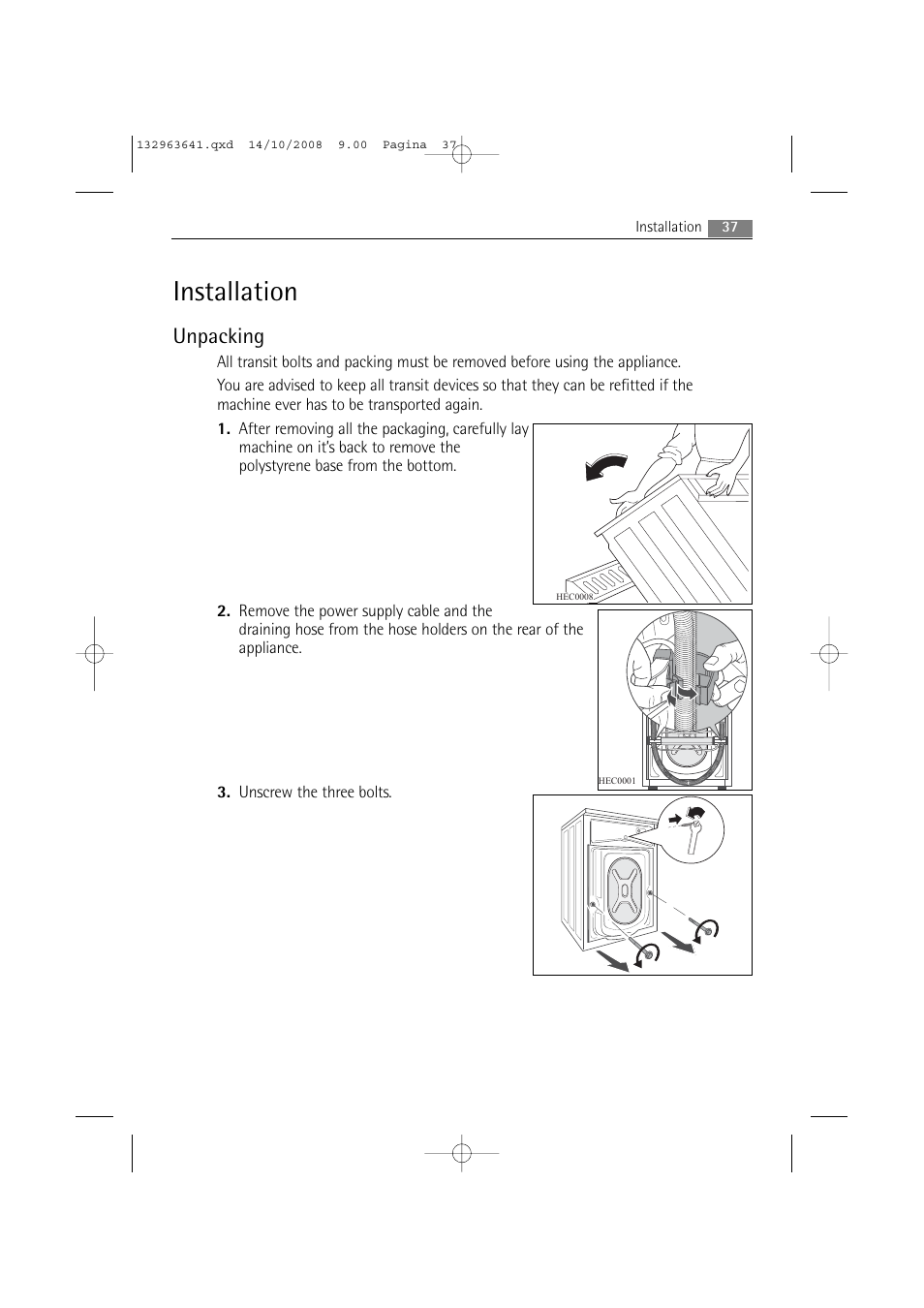 Installation, Unpacking | AEG LAVAMAT 76650 User Manual | Page 37 / 48