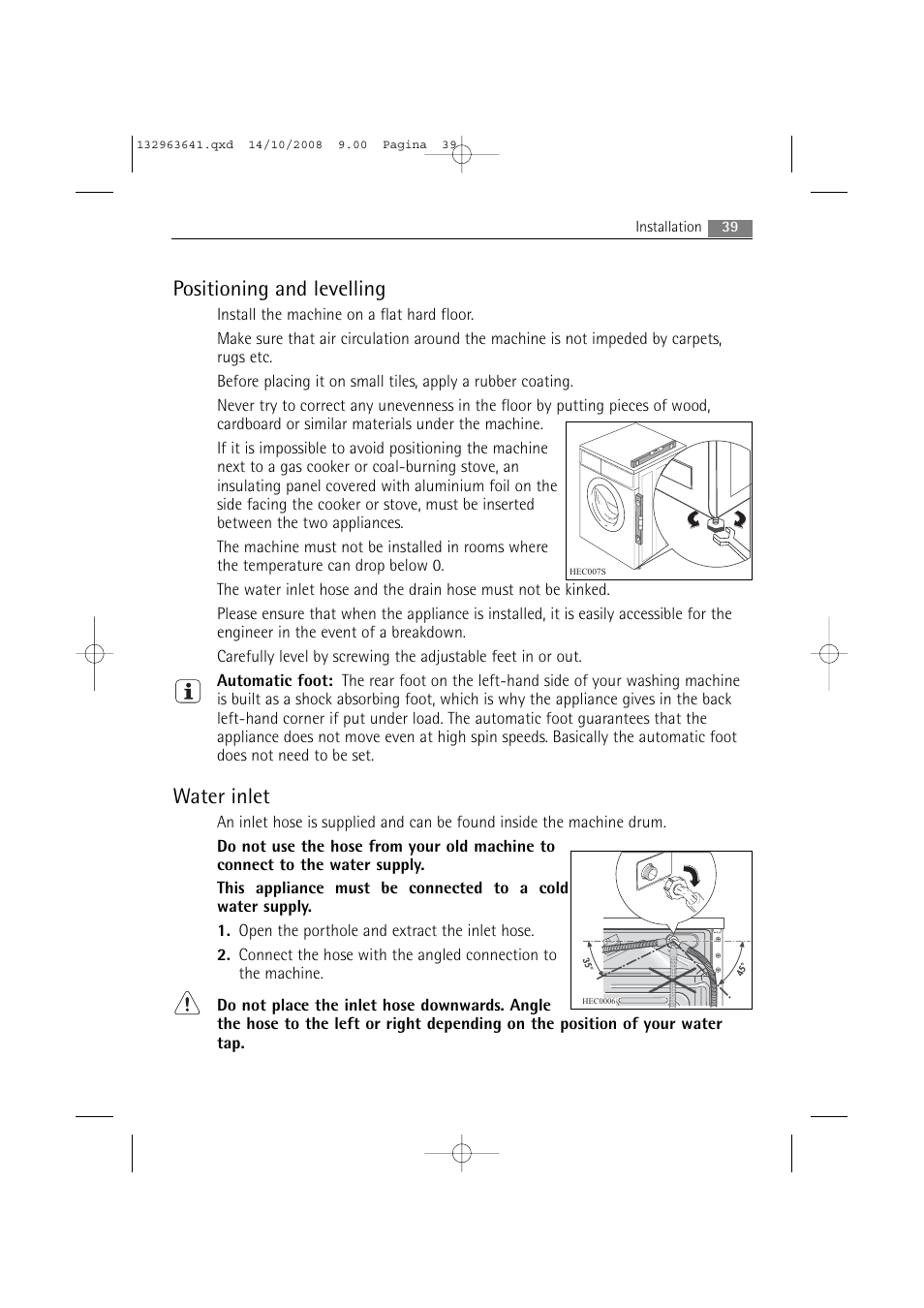 Positioning and levelling, Water inlet | AEG LAVAMAT 76650 User Manual | Page 39 / 48