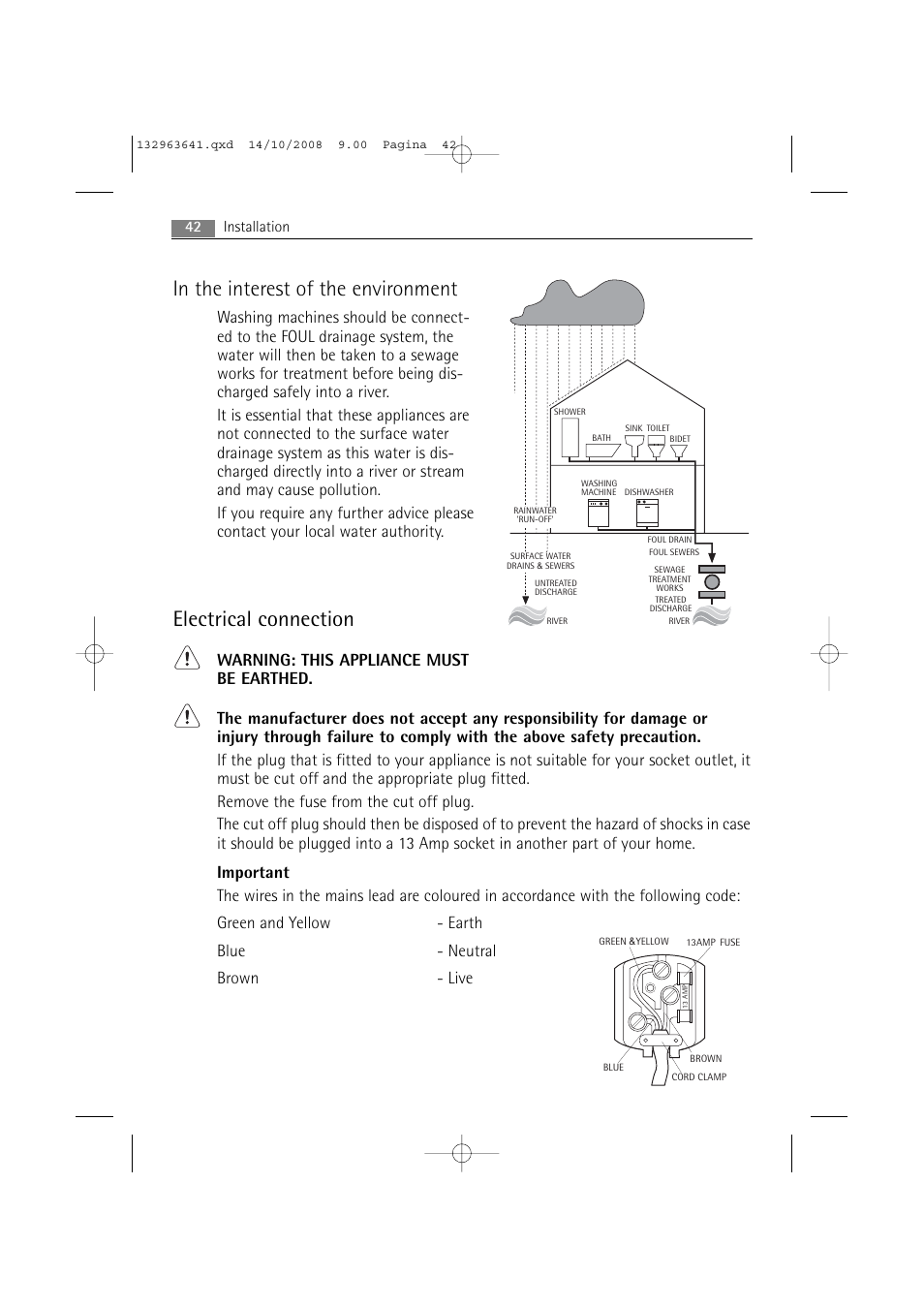Electrical connection, 42 installation | AEG LAVAMAT 76650 User Manual | Page 42 / 48