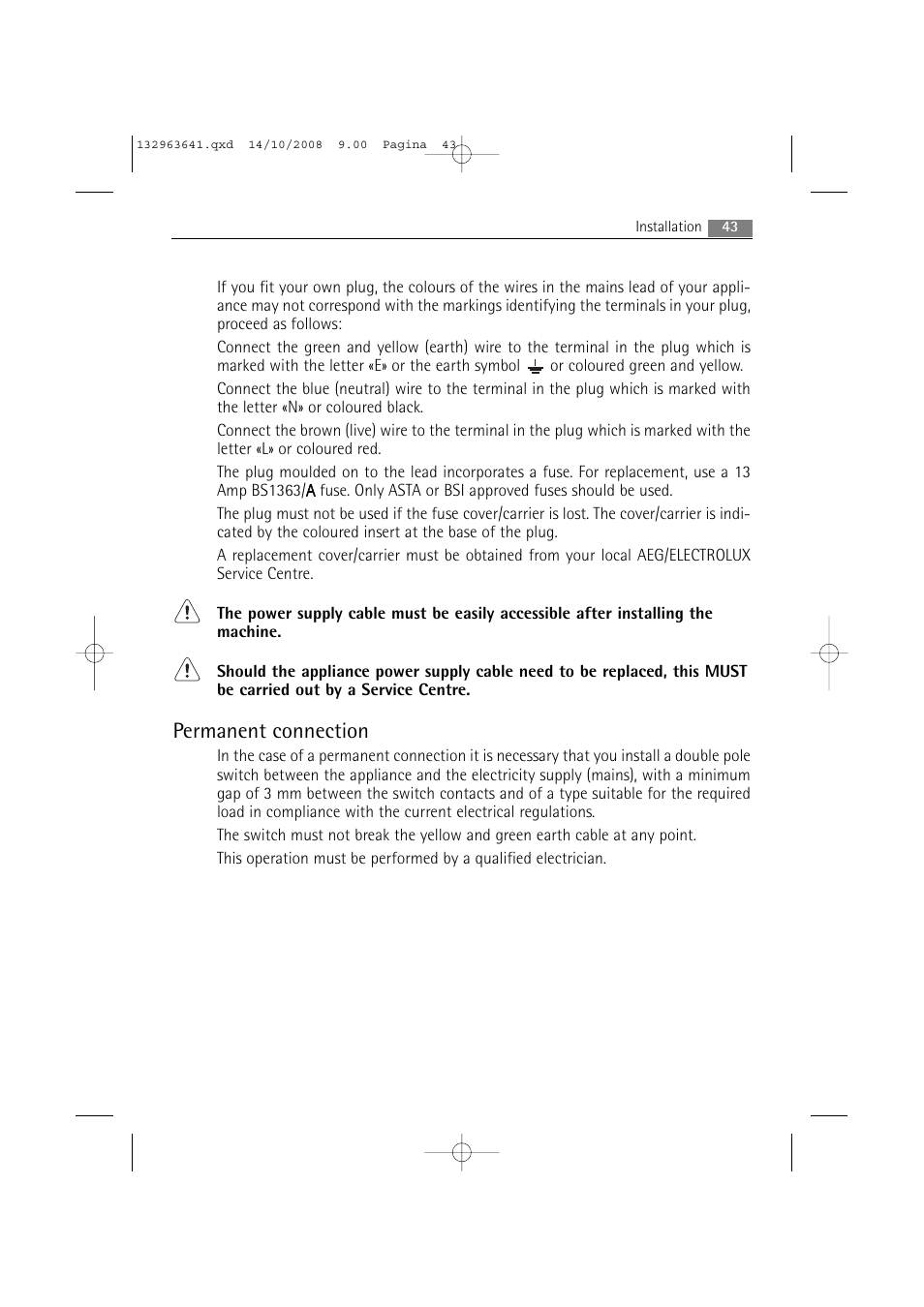 Permanent connection | AEG LAVAMAT 76650 User Manual | Page 43 / 48