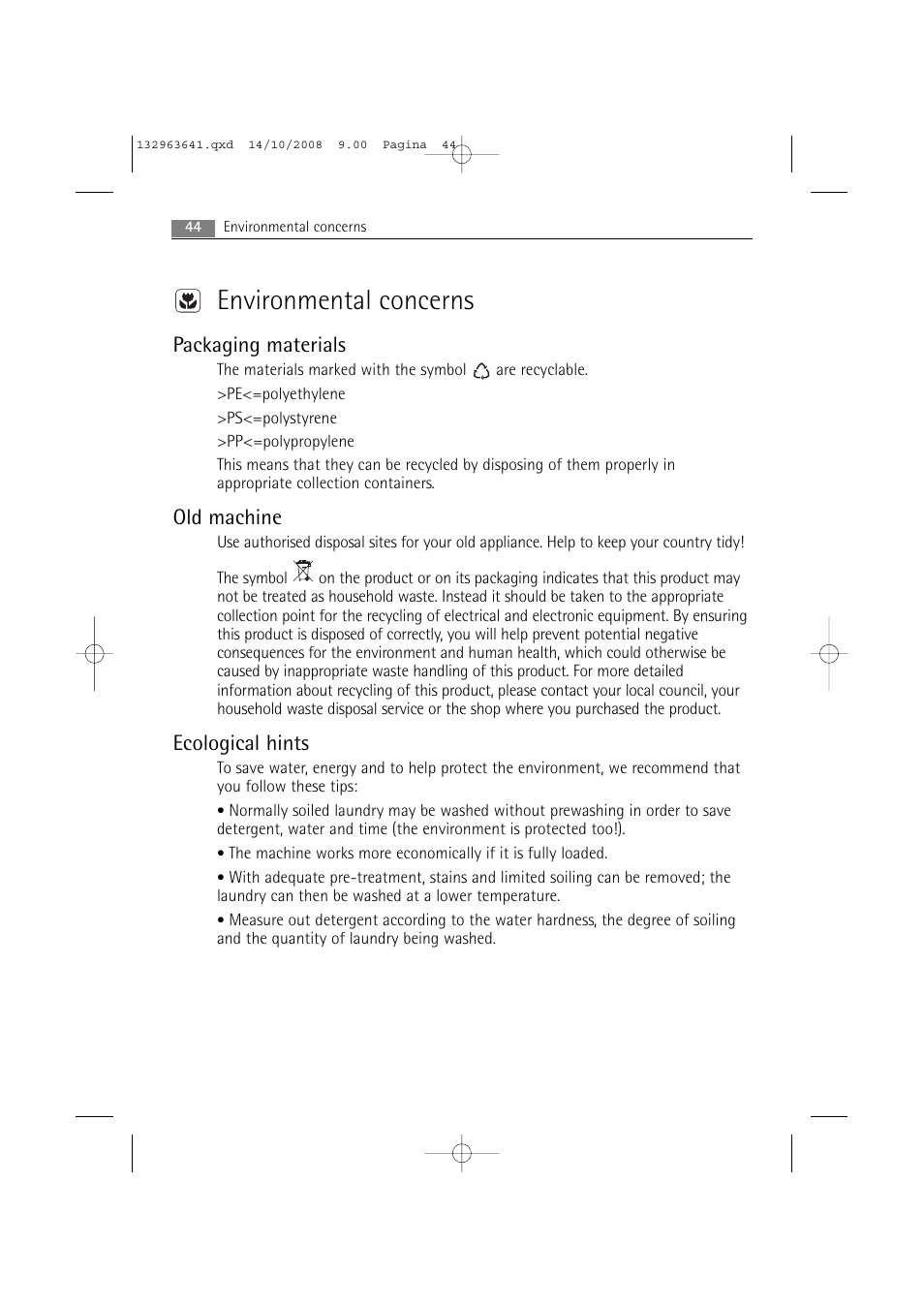 Environmental concerns, Packaging materials, Old machine | Ecological hints | AEG LAVAMAT 76650 User Manual | Page 44 / 48