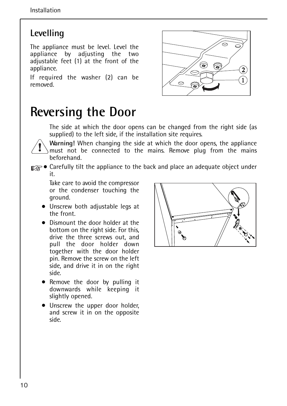 Reversing the door, Levelling | AEG S 60150 TK User Manual | Page 10 / 28