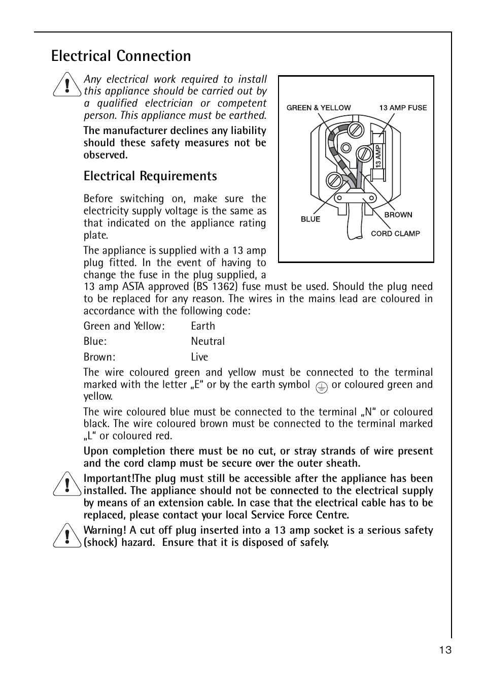 Electrical connection, Electrical requirements | AEG S 60150 TK User Manual | Page 13 / 28