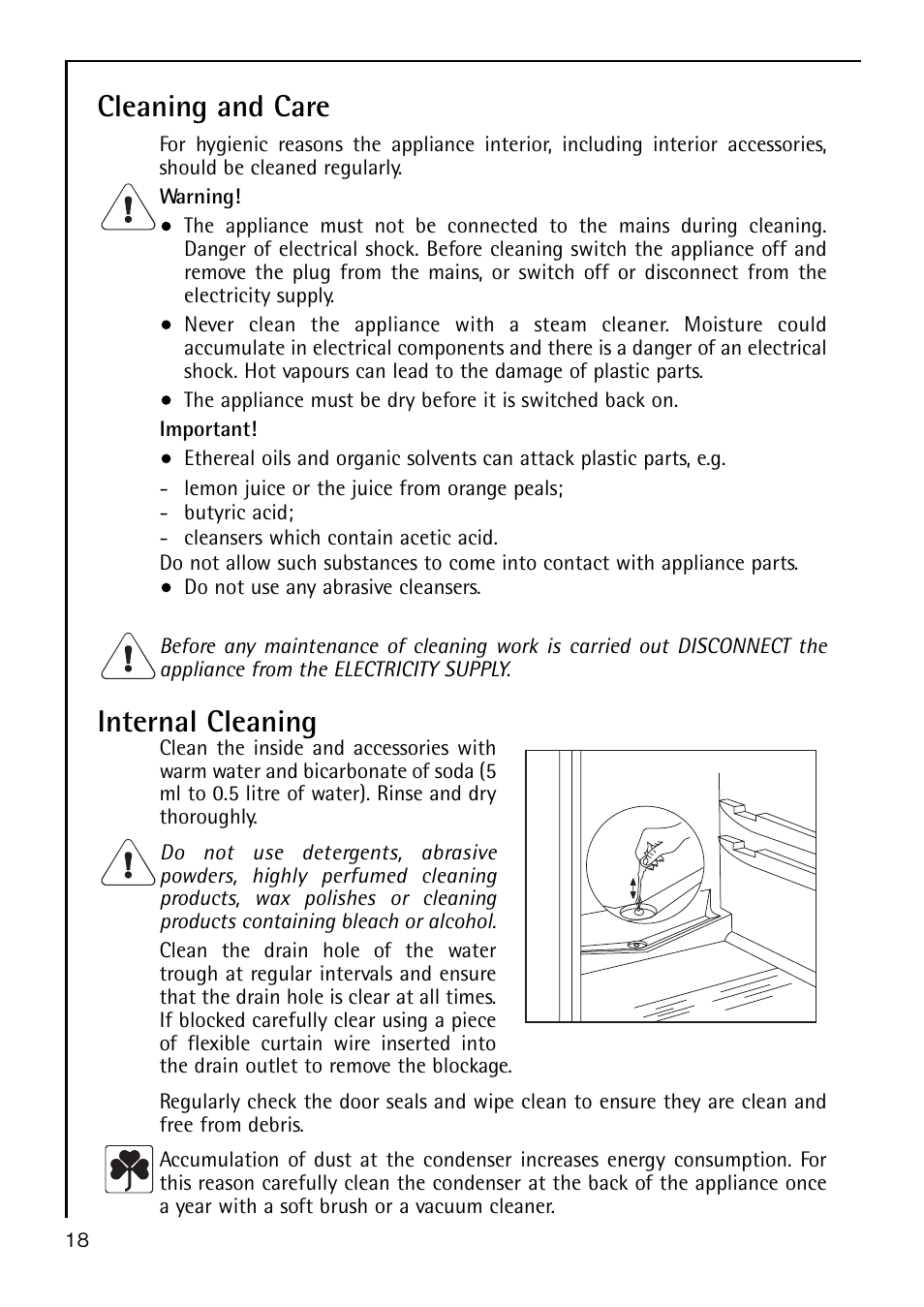 Cleaning and care, Internal cleaning | AEG S 60150 TK User Manual | Page 18 / 28