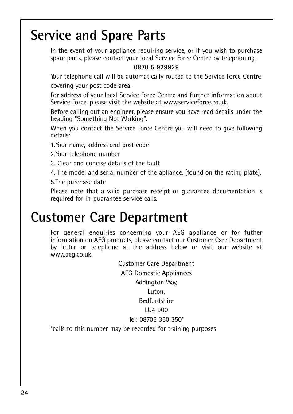 Service and spare parts, Customer care department | AEG S 60150 TK User Manual | Page 24 / 28