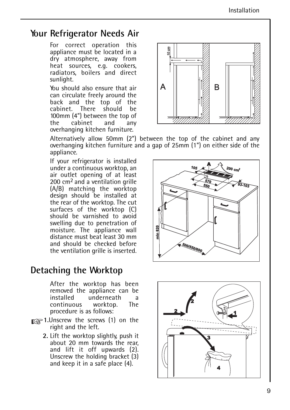 Your refrigerator needs air, Detaching the worktop | AEG S 60150 TK User Manual | Page 9 / 28
