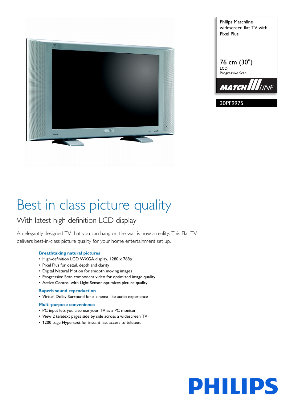 Philips Matchline Flat TV panorámico User Manual | 2 pages