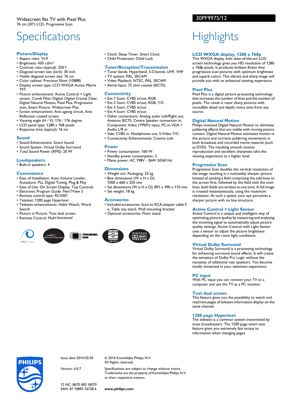 Specifications, Highlights | Philips Matchline Flat TV panorámico User Manual | Page 2 / 2