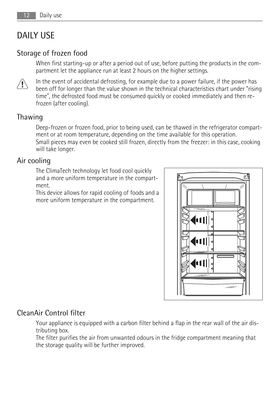 Daily use, Storage of frozen food, Thawing | Air cooling, Cleanair control filter | AEG S83200CMW0 User Manual | Page 12 / 28