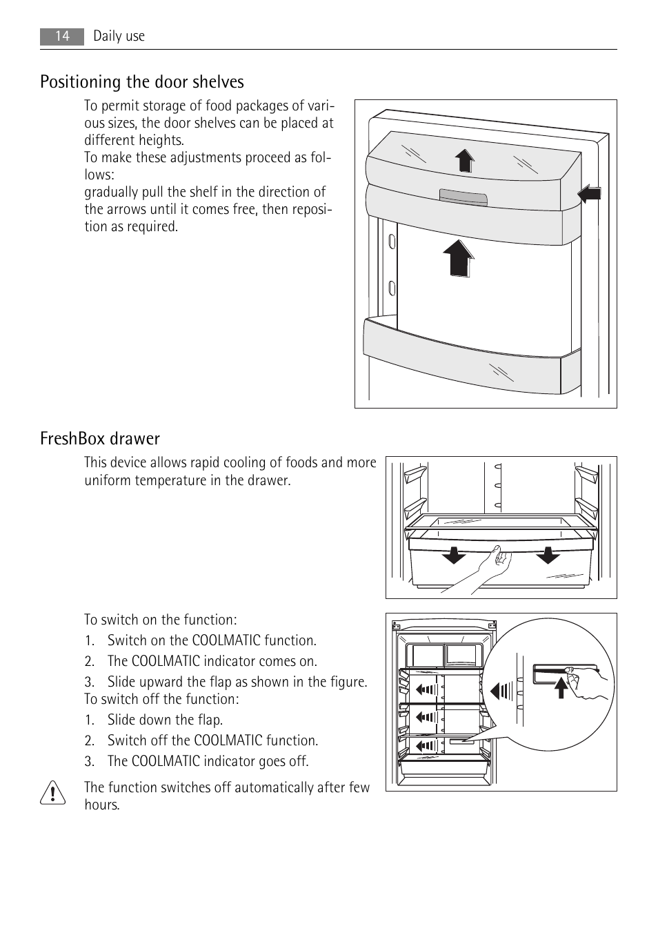 Positioning the door shelves, Freshbox drawer | AEG S83200CMW0 User Manual | Page 14 / 28
