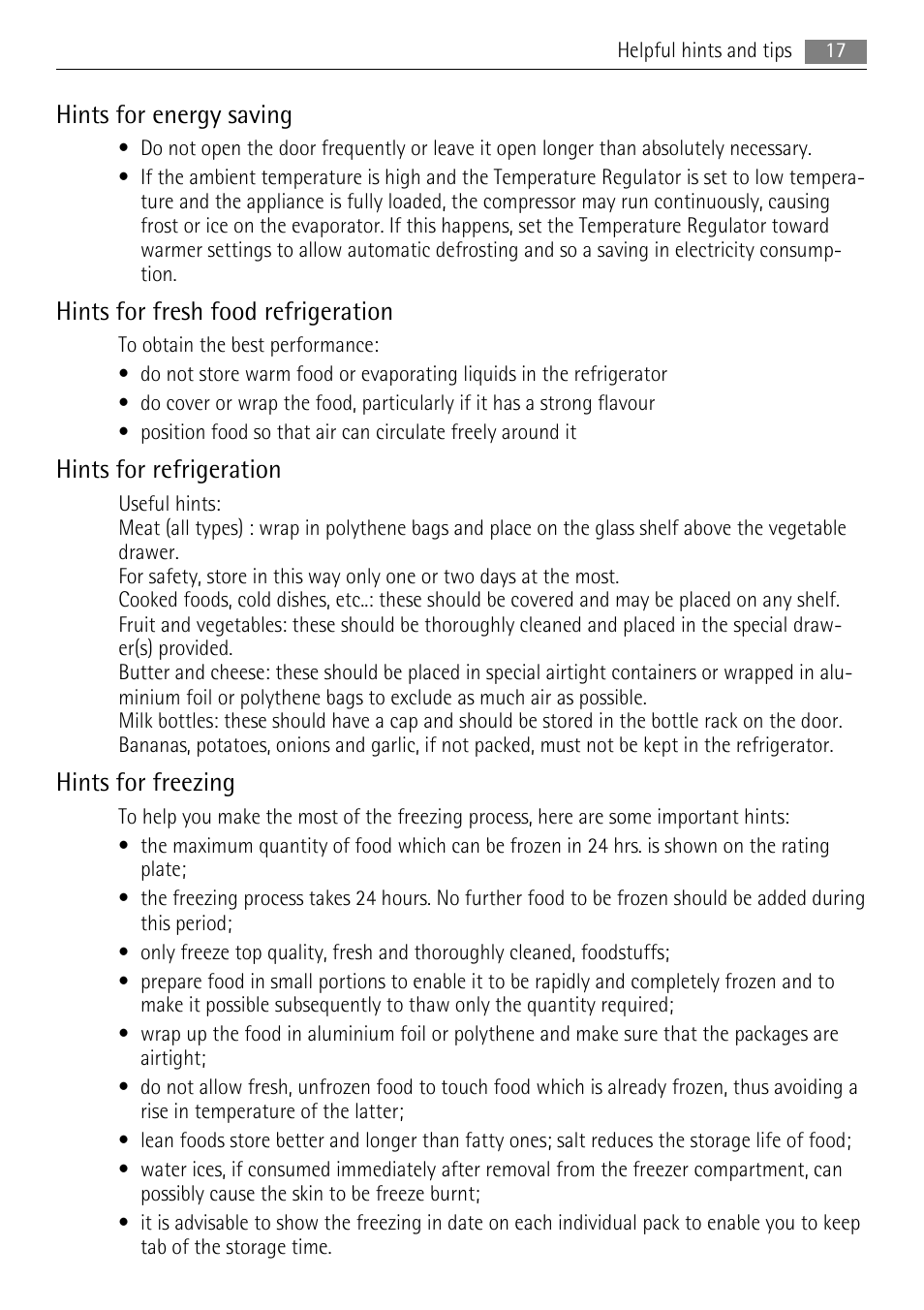 Hints for energy saving, Hints for fresh food refrigeration, Hints for refrigeration | Hints for freezing | AEG S83200CMW0 User Manual | Page 17 / 28