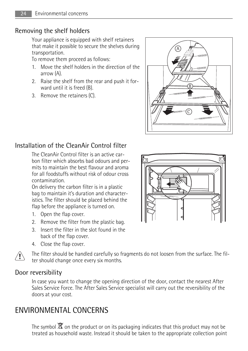 Environmental concerns, Removing the shelf holders, Installation of the cleanair control filter | Door reversibility | AEG S83200CMW0 User Manual | Page 24 / 28