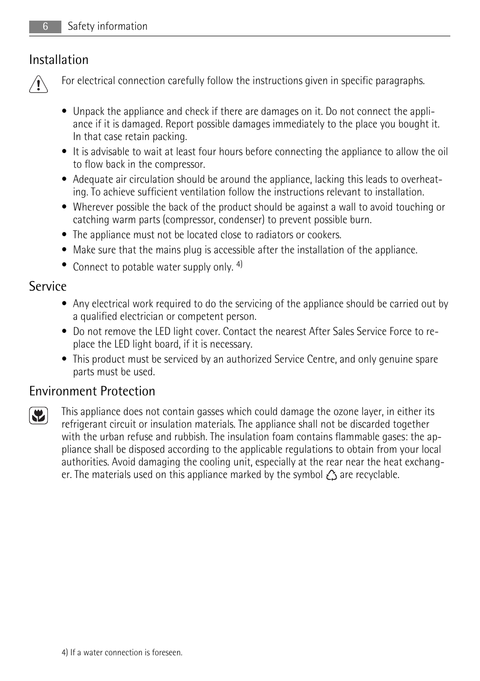 Installation, Service, Environment protection | AEG S83200CMW0 User Manual | Page 6 / 28