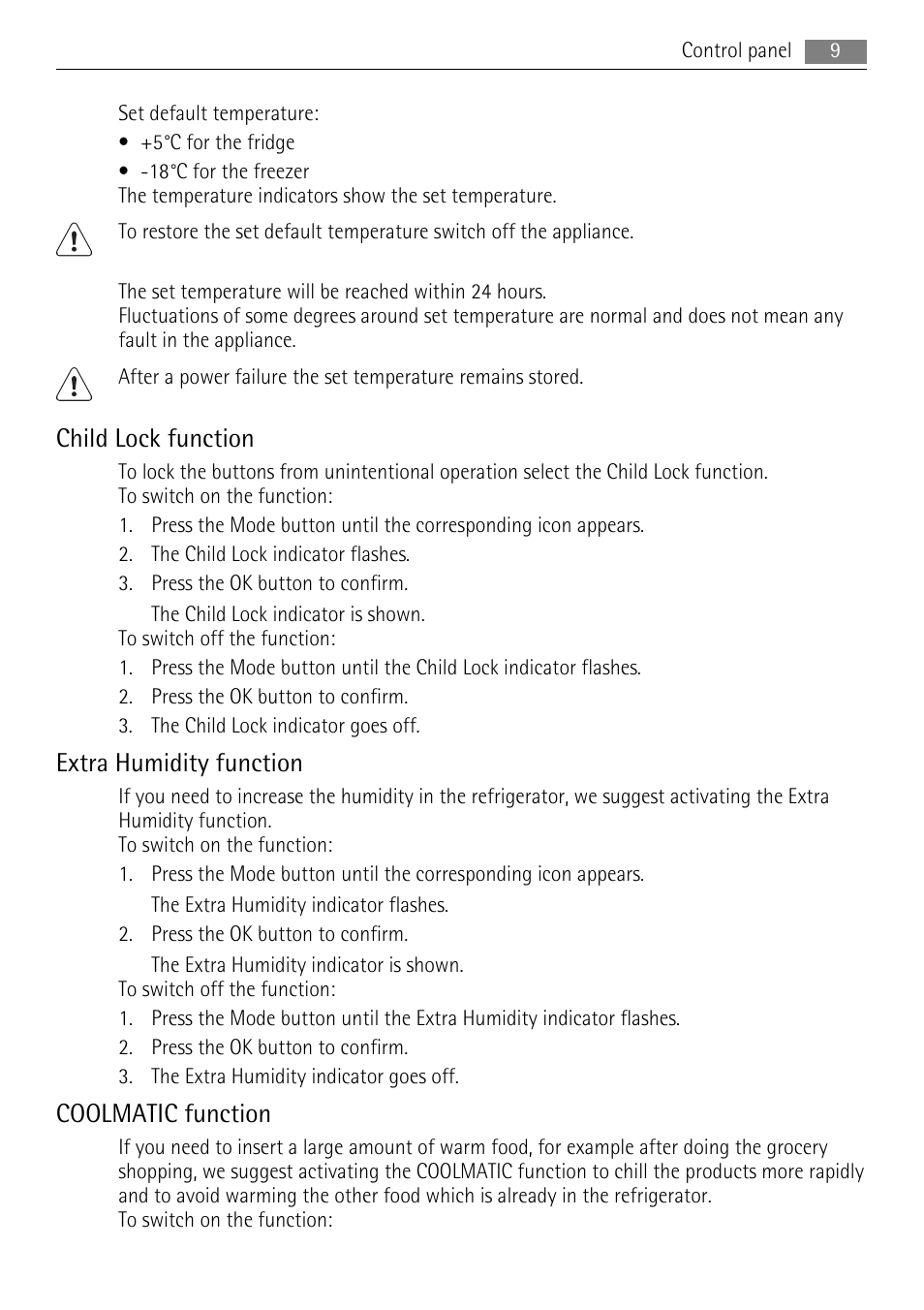Child lock function, Extra humidity function, Coolmatic function | AEG S83200CMW0 User Manual | Page 9 / 28