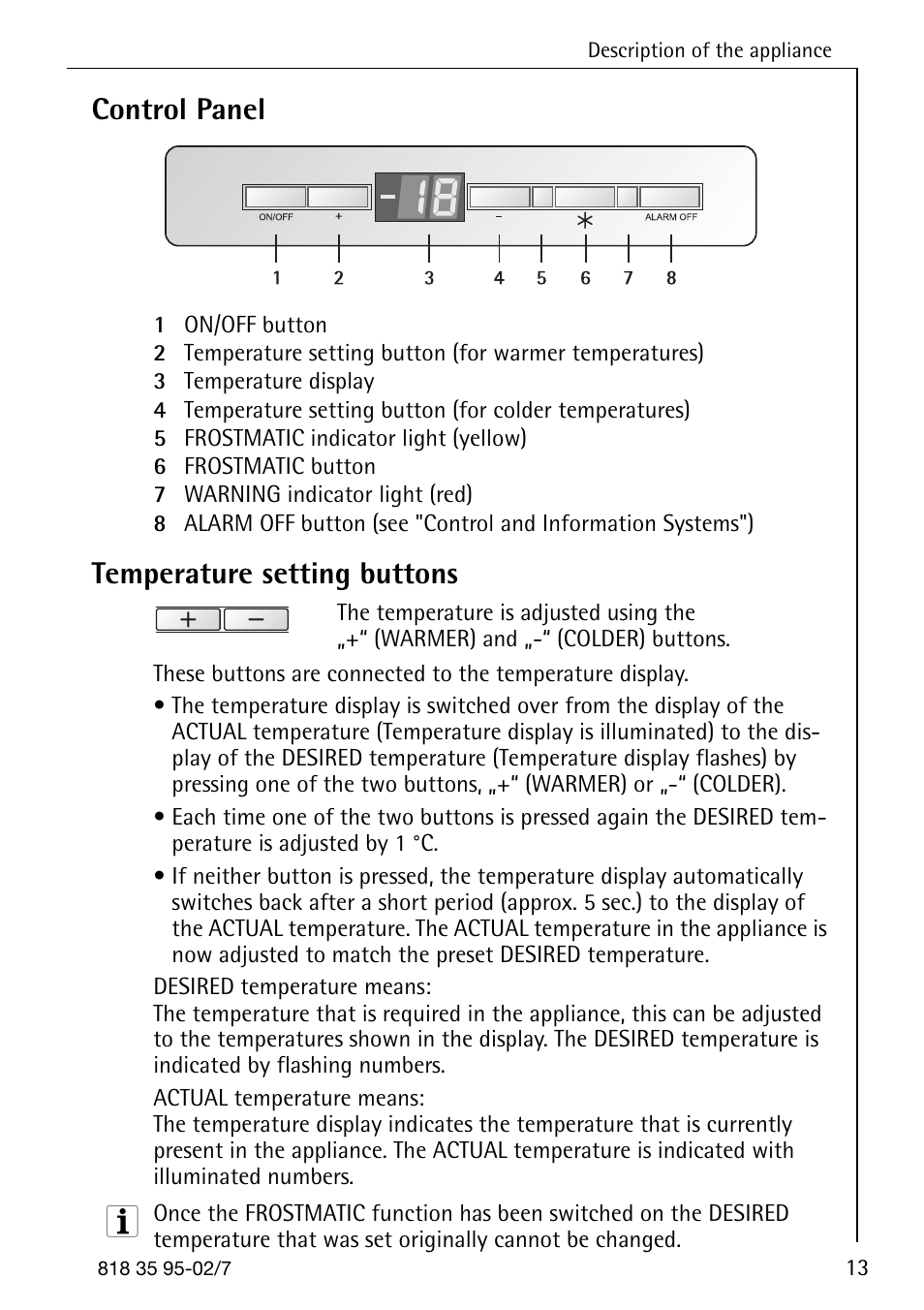 Control panel, Temperature setting buttons | AEG Arctis 75248 GA3 User Manual | Page 13 / 32
