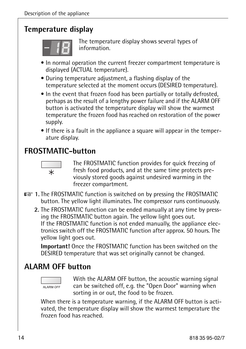 Temperature display, Frostmatic-button, Alarm off button | AEG Arctis 75248 GA3 User Manual | Page 14 / 32