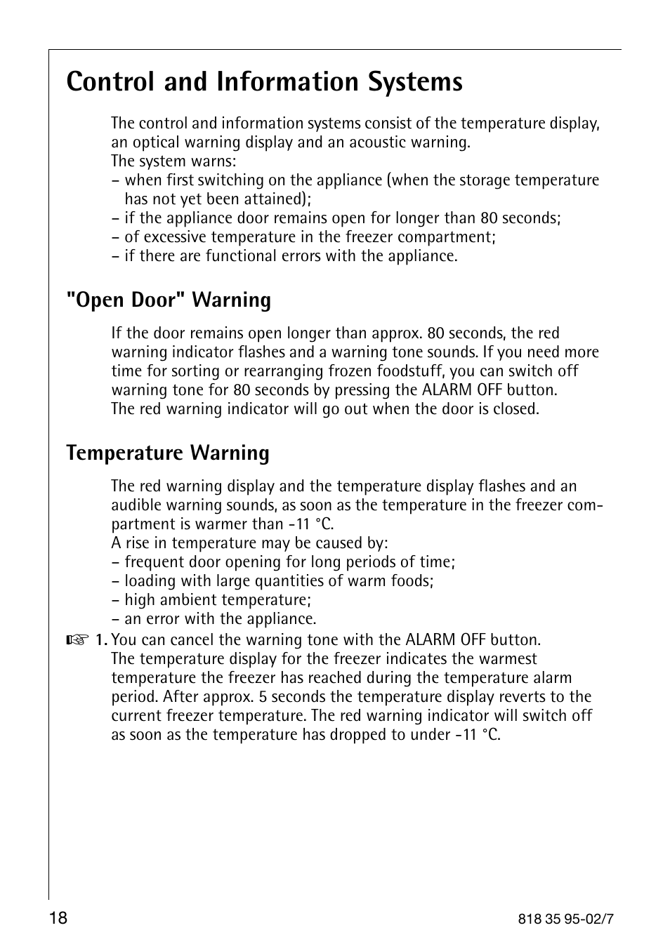 Control and information systems, Open door" warning, Temperature warning | AEG Arctis 75248 GA3 User Manual | Page 18 / 32