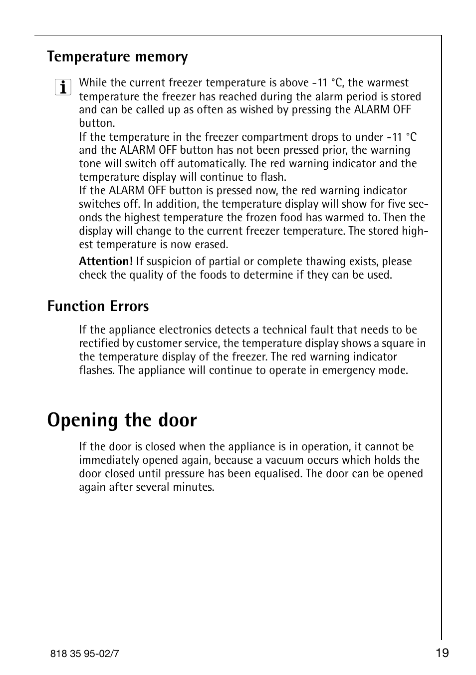 Opening the door, Function errors | AEG Arctis 75248 GA3 User Manual | Page 19 / 32