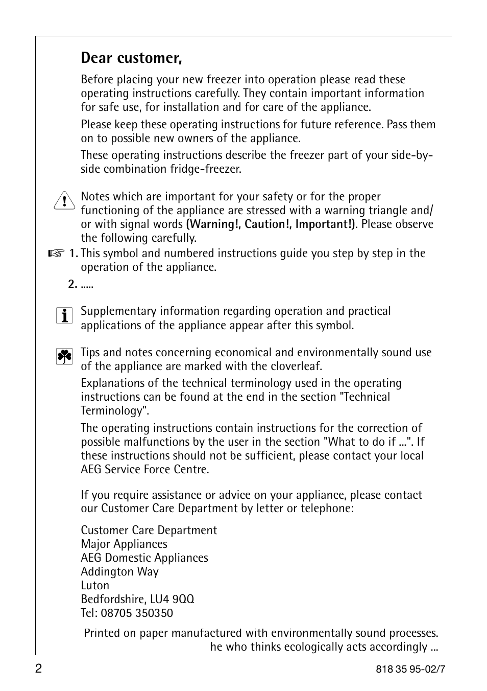 Dear customer | AEG Arctis 75248 GA3 User Manual | Page 2 / 32