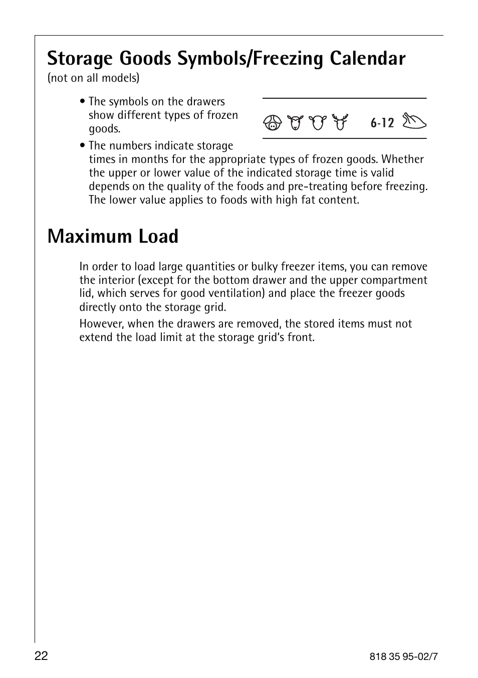 Storage goods symbols/freezing calendar, Maximum load | AEG Arctis 75248 GA3 User Manual | Page 22 / 32