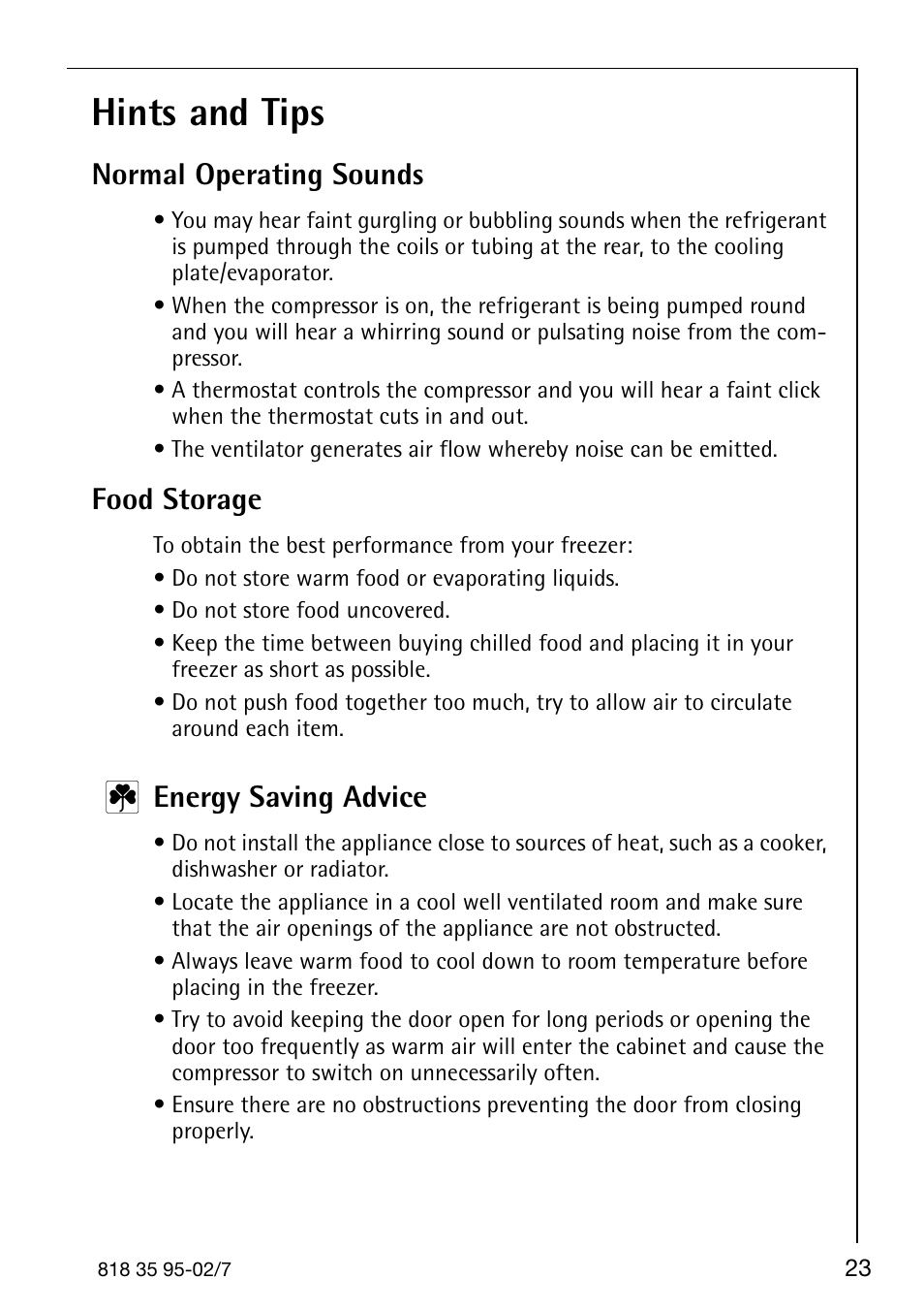 Hints and tips, Normal operating sounds, Food storage | Energy saving advice | AEG Arctis 75248 GA3 User Manual | Page 23 / 32