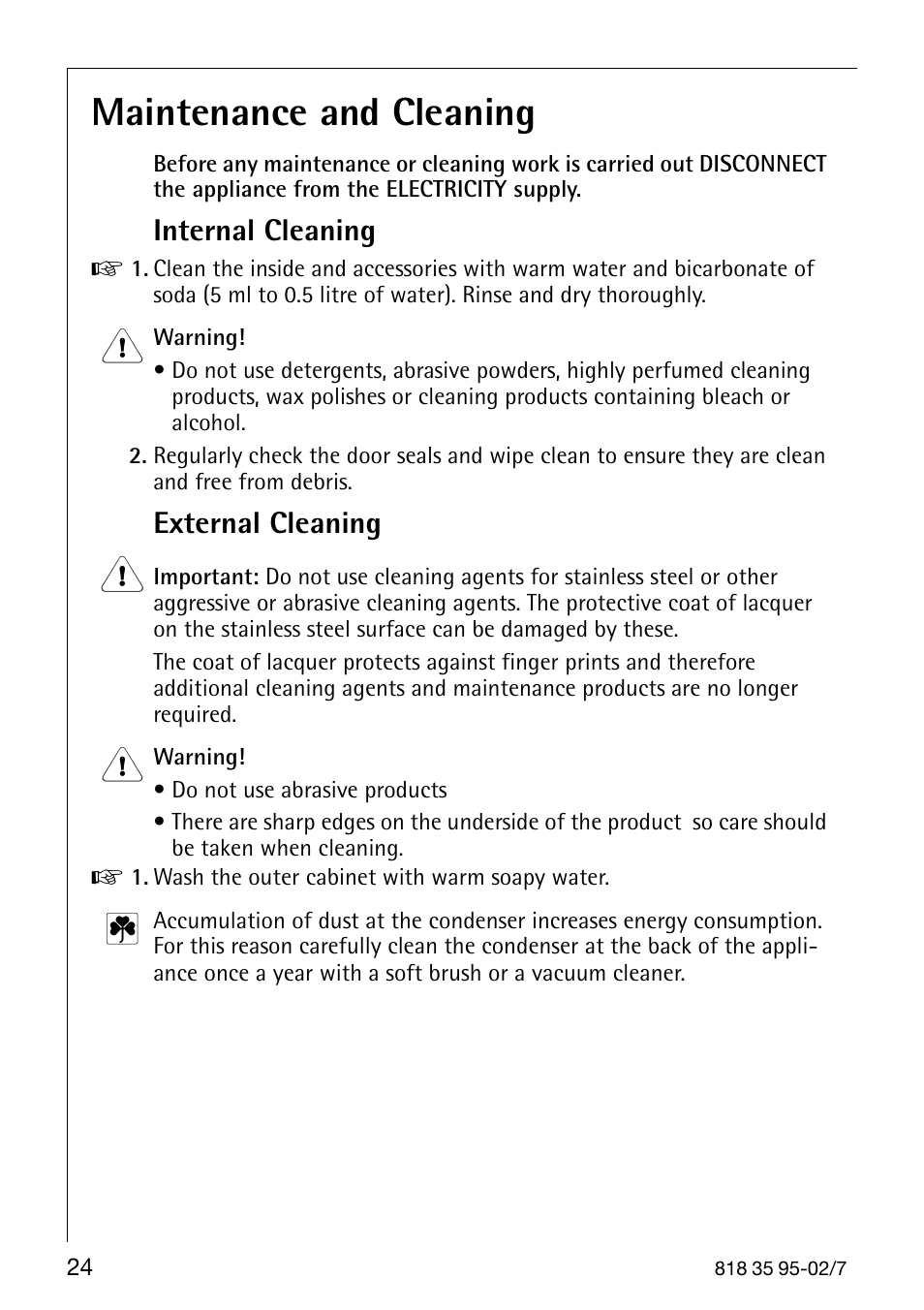 Maintenance and cleaning, Internal cleaning, External cleaning | AEG Arctis 75248 GA3 User Manual | Page 24 / 32
