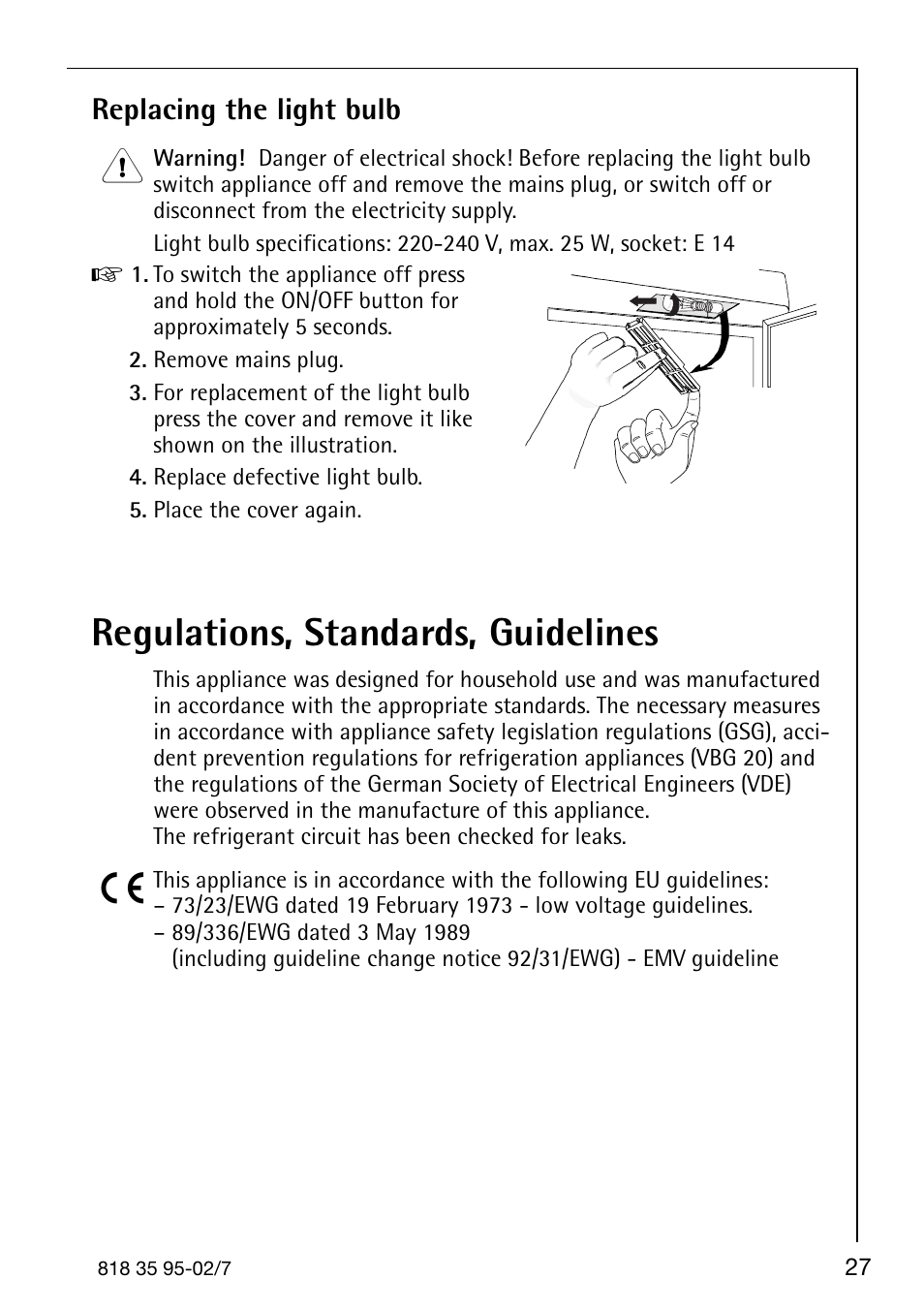 Regulations, standards, guidelines, Replacing the light bulb | AEG Arctis 75248 GA3 User Manual | Page 27 / 32