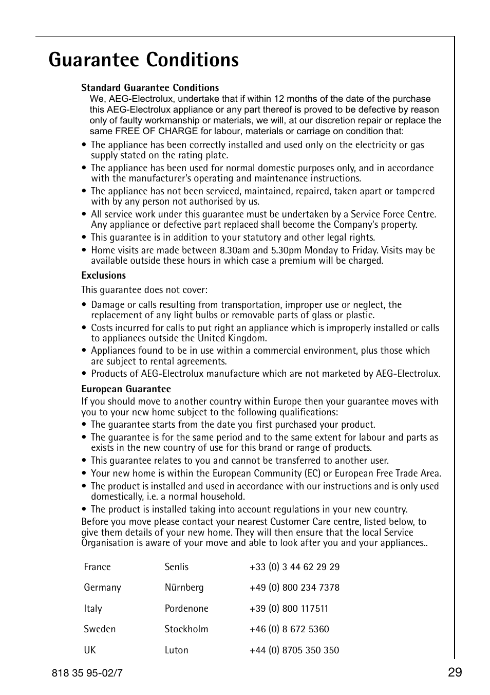 Guarantee conditions | AEG Arctis 75248 GA3 User Manual | Page 29 / 32