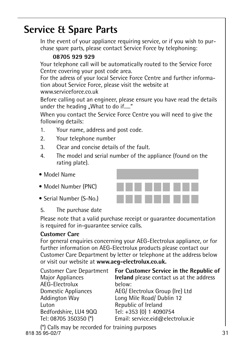 Service & spare parts | AEG Arctis 75248 GA3 User Manual | Page 31 / 32