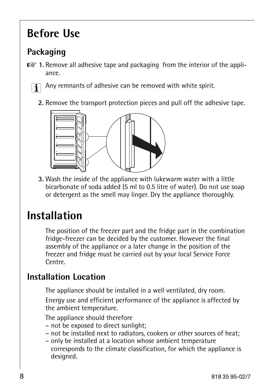 Before use, Installation, Packaging | Installation location | AEG Arctis 75248 GA3 User Manual | Page 8 / 32