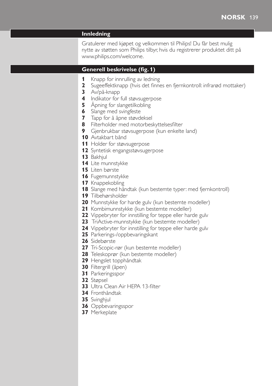 Norsk, Norsk 139 | Philips Aspirador con bolsa User Manual | Page 139 / 198