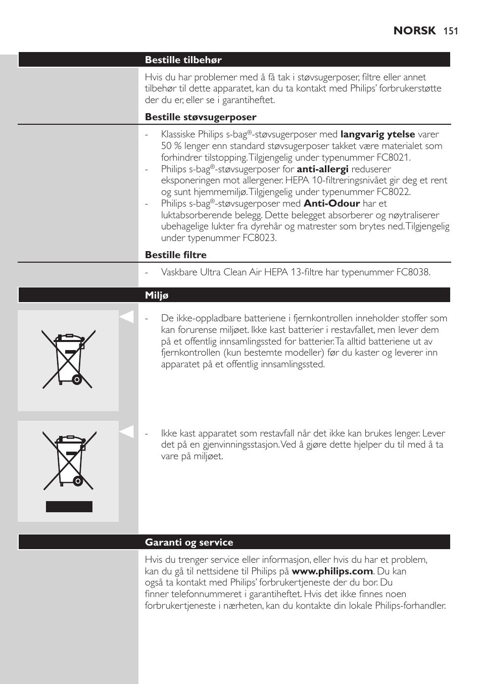 Philips Aspirador con bolsa User Manual | Page 151 / 198