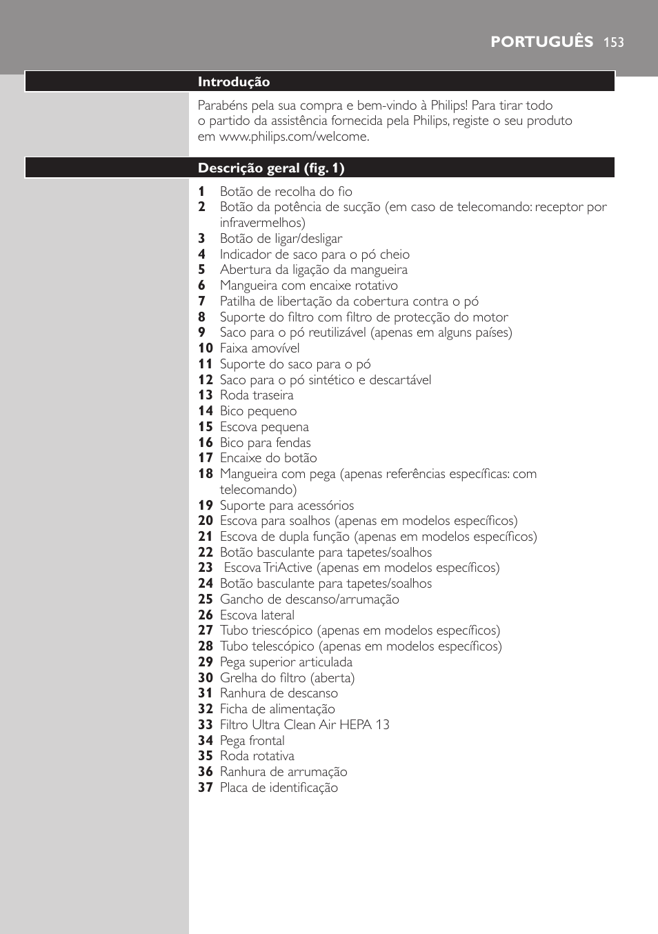 Português, Português 153 | Philips Aspirador con bolsa User Manual | Page 153 / 198