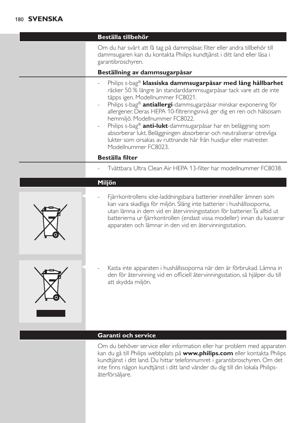 Philips Aspirador con bolsa User Manual | Page 180 / 198