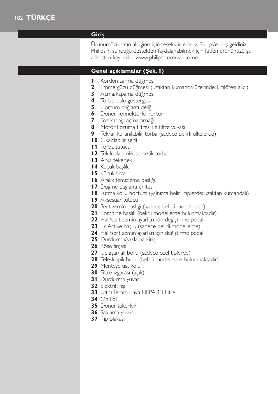 Türkçe, Türkçe 182 | Philips Aspirador con bolsa User Manual | Page 182 / 198