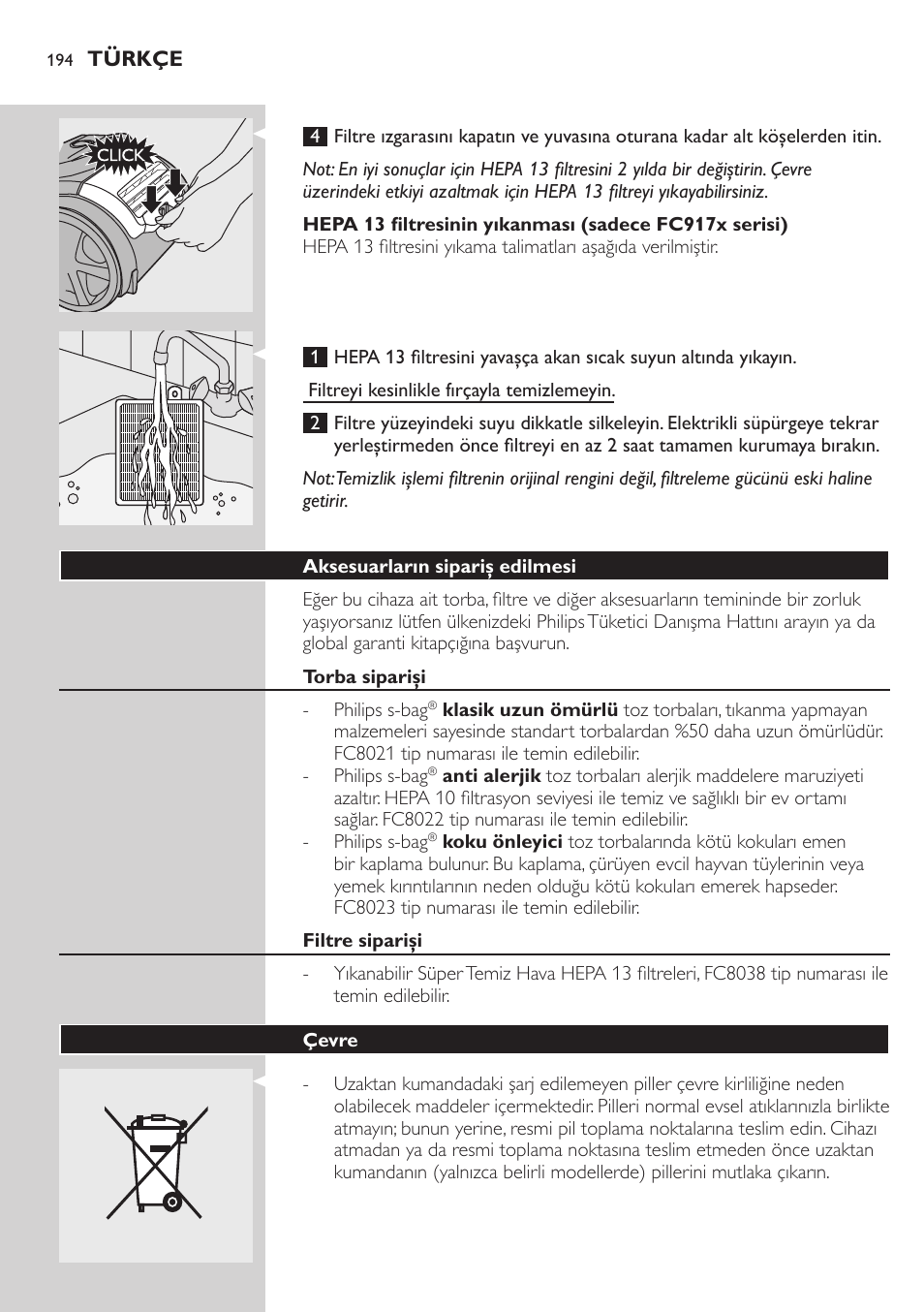 Philips Aspirador con bolsa User Manual | Page 194 / 198