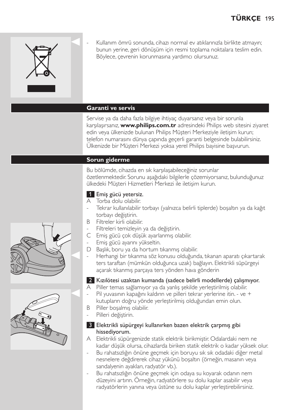 Philips Aspirador con bolsa User Manual | Page 195 / 198