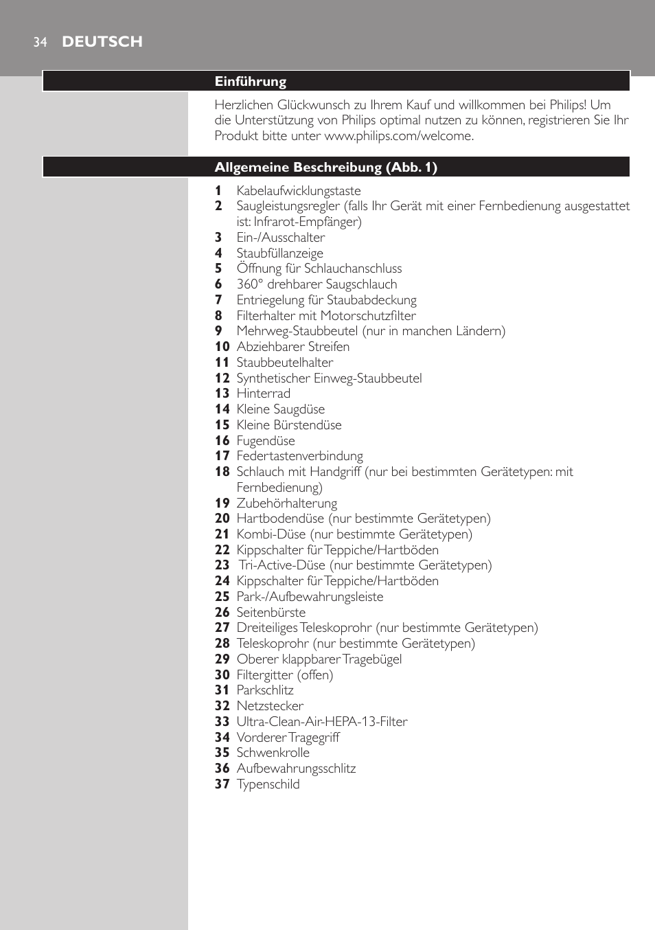 Deutsch, Deutsch 34 | Philips Aspirador con bolsa User Manual | Page 34 / 198