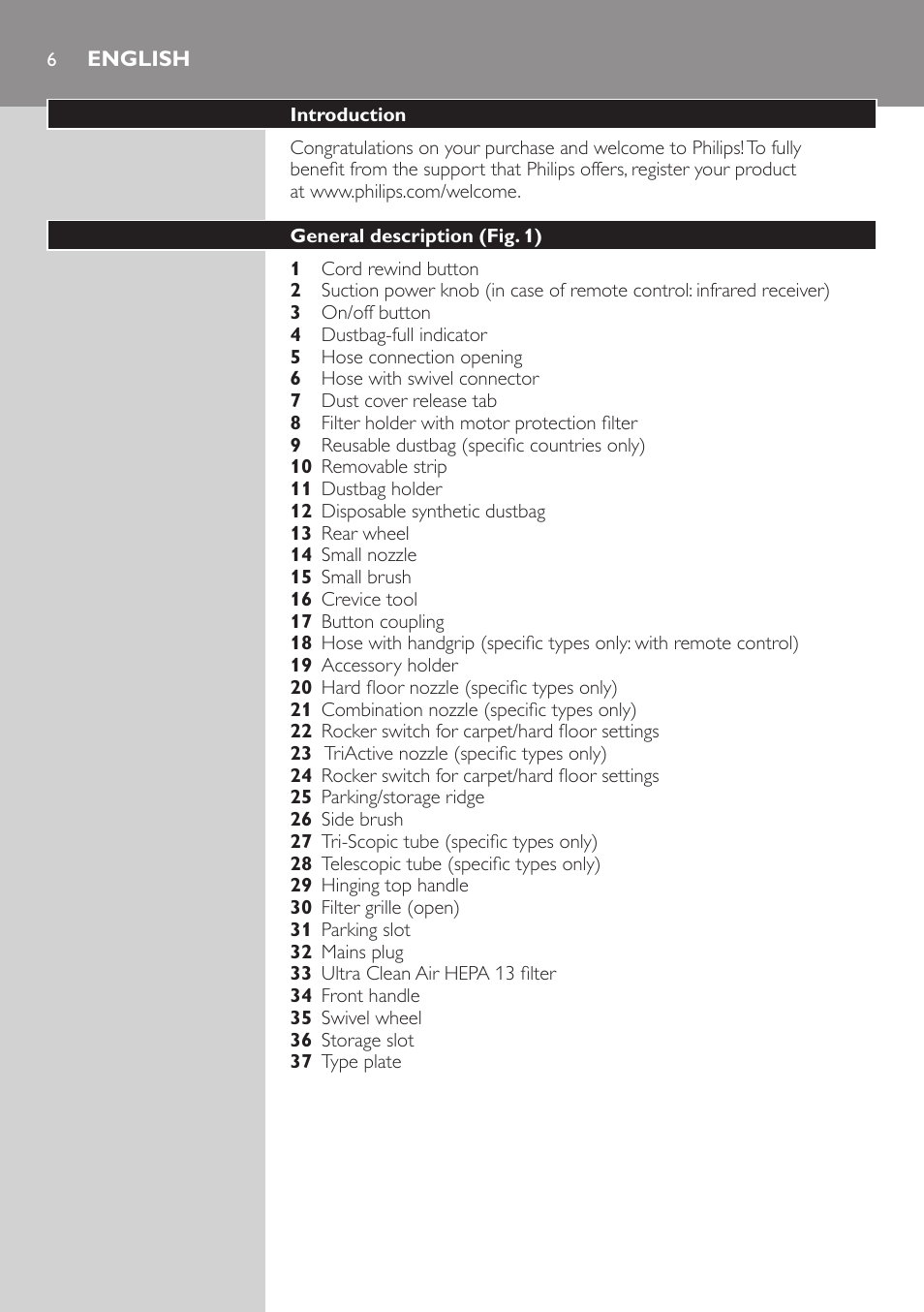 English, English 6 | Philips Aspirador con bolsa User Manual | Page 6 / 198