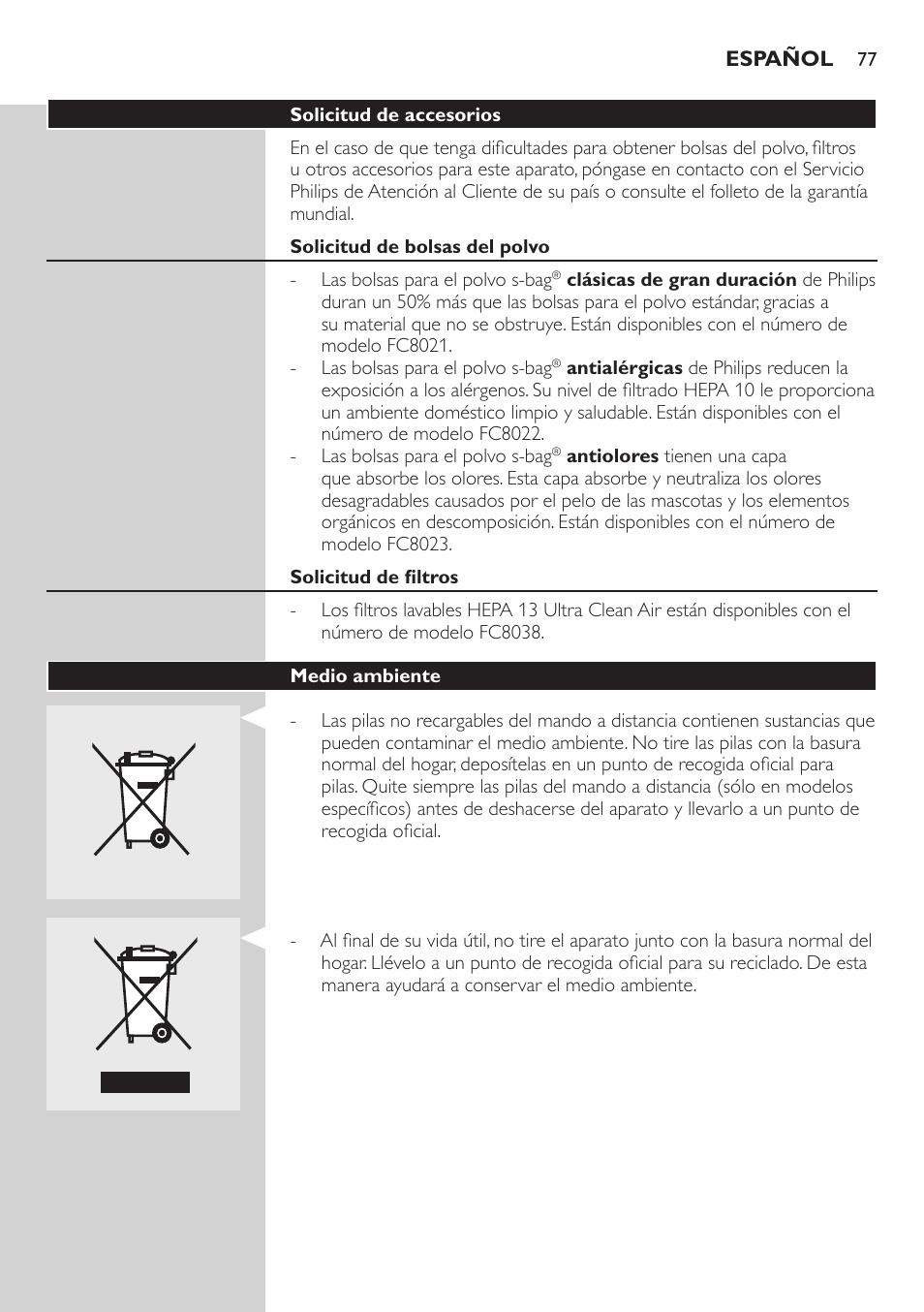 Philips Aspirador con bolsa User Manual | Page 77 / 198