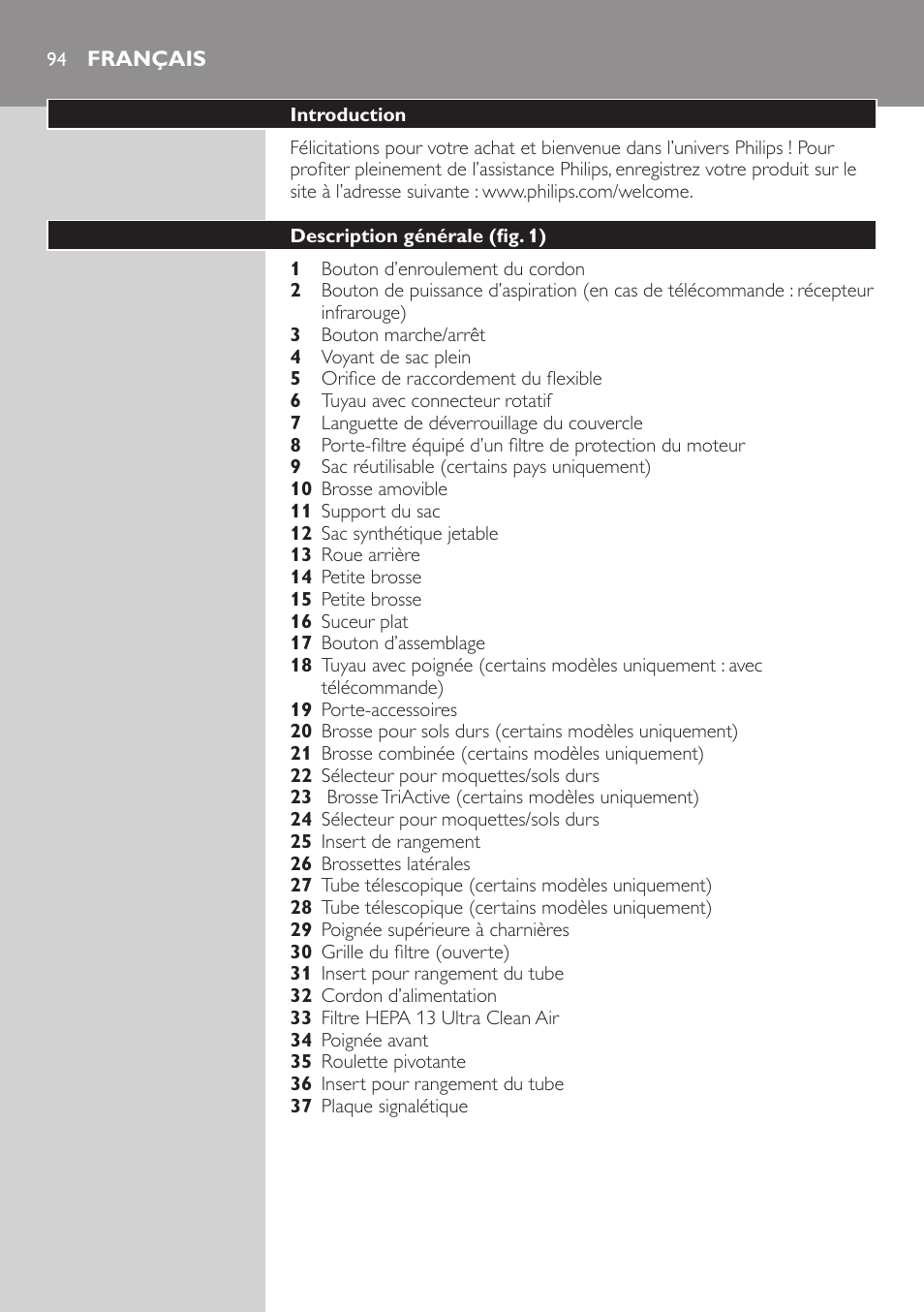 Français, Français 94 | Philips Aspirador con bolsa User Manual | Page 94 / 198