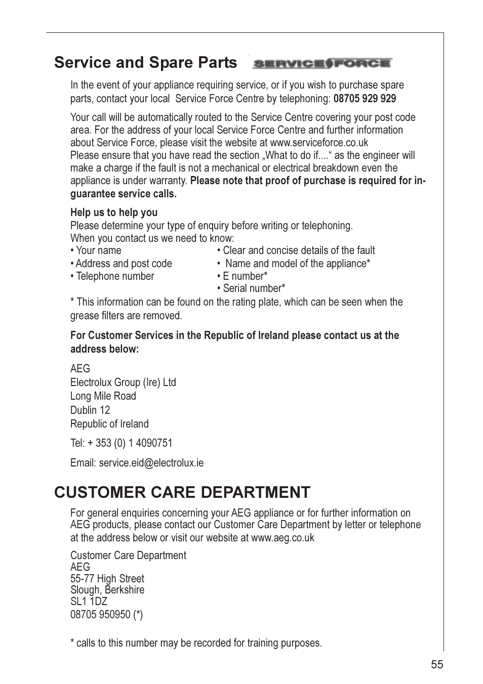 Service and spare parts, Customer care department | AEG DL 7275 User Manual | Page 12 / 16